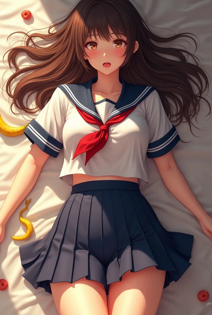 high-level image quality、a 18 year old girl、beautiful Girl、sea side、Lie on the sand、a sailor suit、((white sailor collar))、Sleeveless、Plaid pleated skirt、stockings、(huge-breasted)、Fluttering the chest、emphasizing breasts、Sleeveless、Smiling、pantie shot、Panchira、Cute patterned panties、Pants with cute patterns、Show the armpits