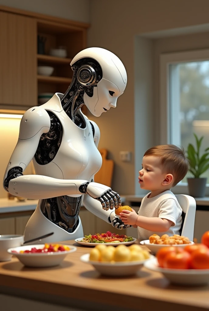 a humanoid female Android robot helps an old man get out of bed, he prepared food for him on the table, a grandfather who is hungry and is helped by a robot instead of children and wife. James Gurney, surreal art, dreamlike, mysterious, provocative, symbolic, complex, detailed, (masterpiece, maximum quality: 1.4), photography style by Rudy Huysman