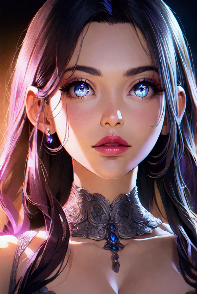 1girl, beautiful detailed eyes, beautiful detailed lips, extremely detailed face, long hair, cleavage, high resolution, illustration, anime style, detailed bodily anatomy, masterpiece, photorealistic, cinematic lighting, vibrant colors, intricate details, realistic skin textures