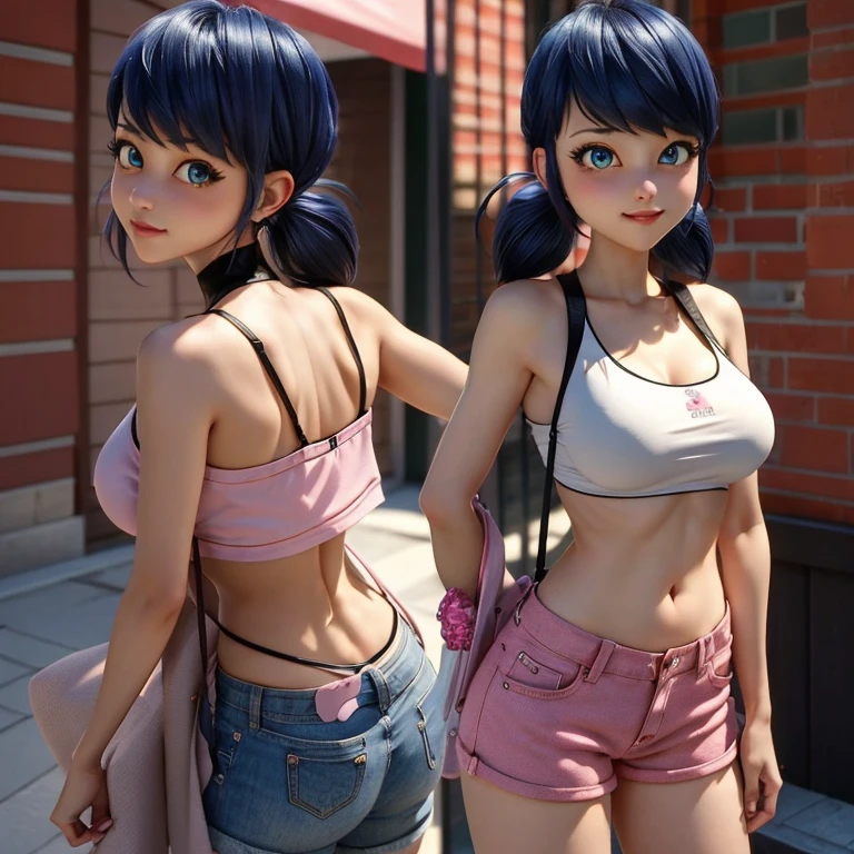 masterpice, (best quality), ((best detailed)), depth of field, Ladybug, big breasts, twintails,, Pink shorts, looking back