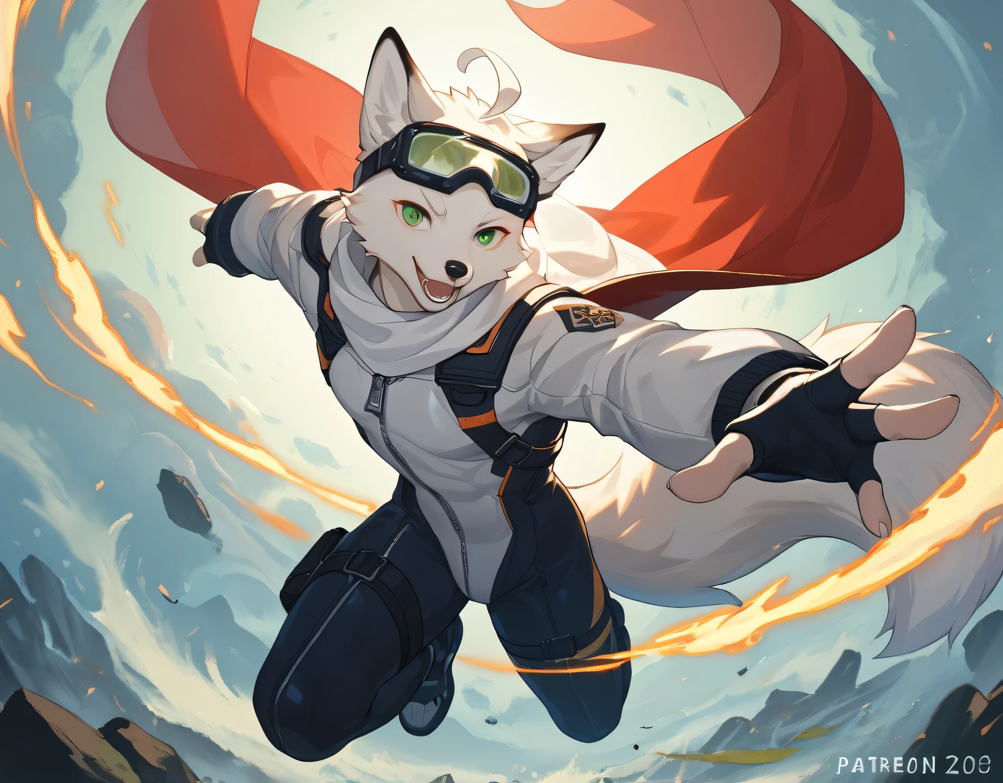 l0lspl4sh,score_9,score_6_up,score_8_up,score_7_up,score_5_up,score_4_up,
anime,year2024,year2023,West Studio,(project:1.5),white fox,white fur,white skin,white ears,tail,green eyes,ahoge,star-shaped_pupils, black tattoo left only, [white scarf],green diving suit,goggles,zipper,black_Cape,looking_at_viewer,fighting_stance, full shot,
