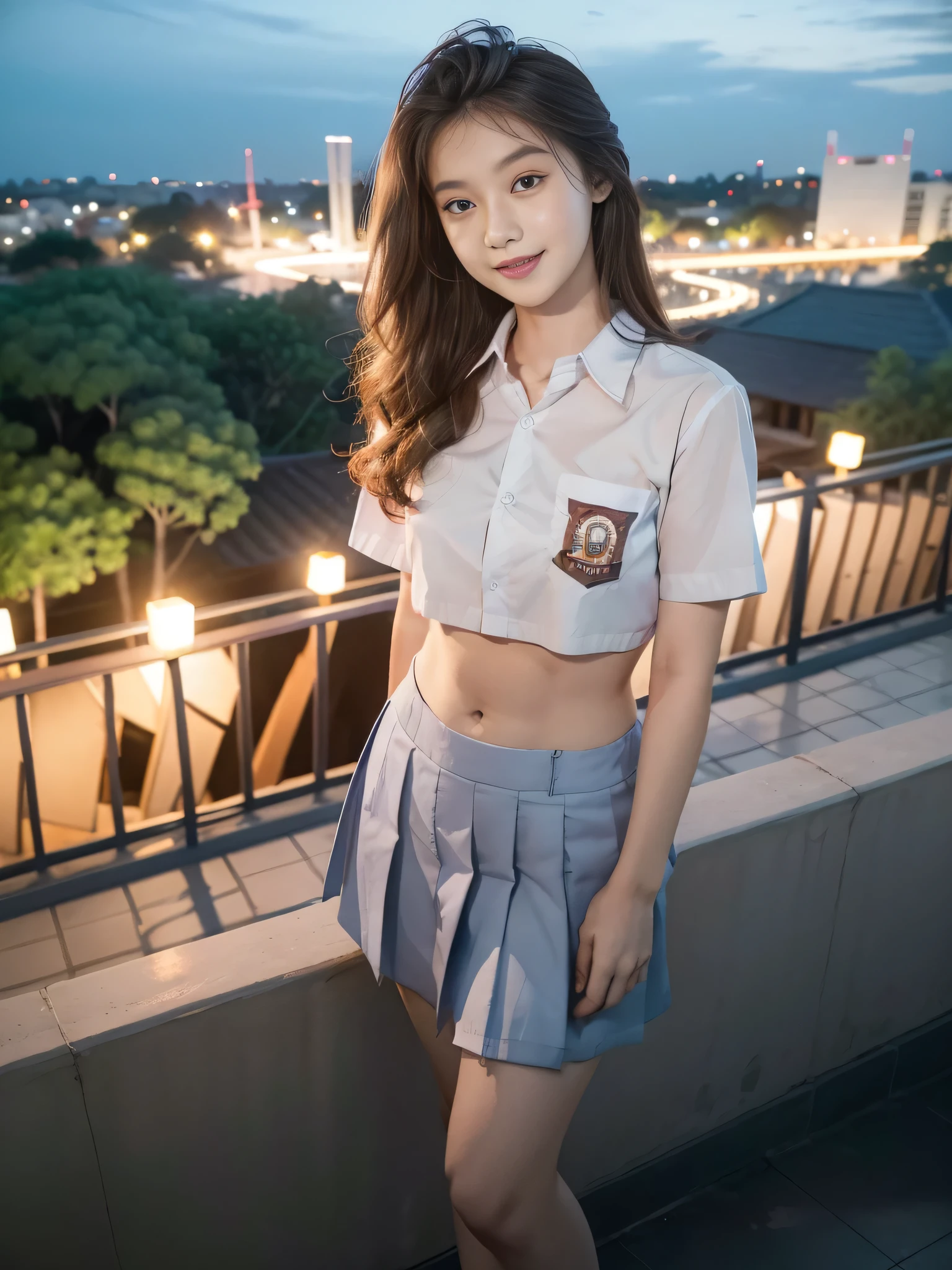 1girl, solo, 1 girl, (Indonesian_high_school_uniform), standing, outdoors, night view, detailed Metropolitan city at the background, (Overhead view:1.35), (zoom out: 1.1), detailed face, cute little smile, detailed eyes, thick breasts, six pack abs, smooth realistic skin, semi-curvy body, white shirt, blue grey hot short skirt, looking at the audience, (8k, RAW photo, best quality, masterpiece: 1.3), (realistic, realistic: 1.37), ultra-high resolution