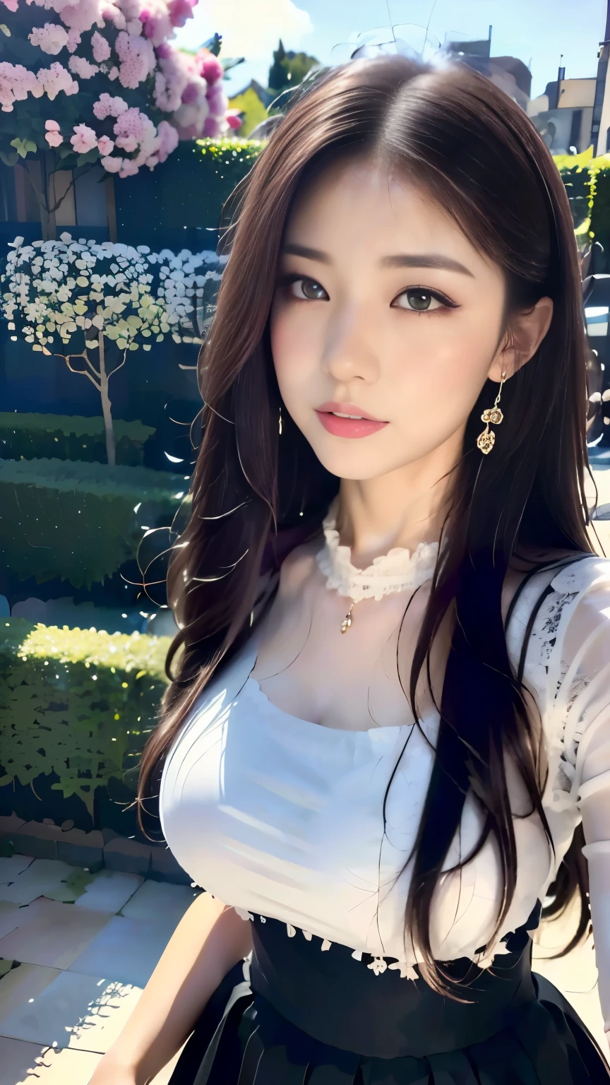 A close up of a woman wearing a white top and black skirt - SeaArt AI
