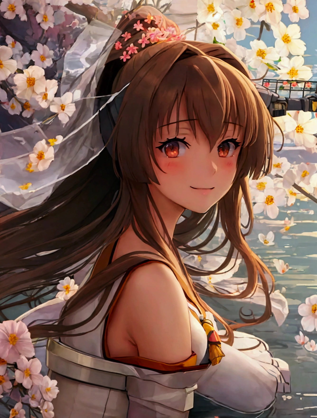 (masterpiece), (Best Quality), (Super detailed), Realistic, (Best illustrations), (Very delicate and beautiful), One Girl, (Kantai Collection_Yamato)　Yamato_Kantai Collection Long Hair、Brown Hair、ponytail、Hair accessories、flower、髪のflower、Brown eyes、Smiling face　桜のflower、Large Breasts、Very long hair、blush、Hair between the eyes　skirt　port　Strong winds　Visible underwear