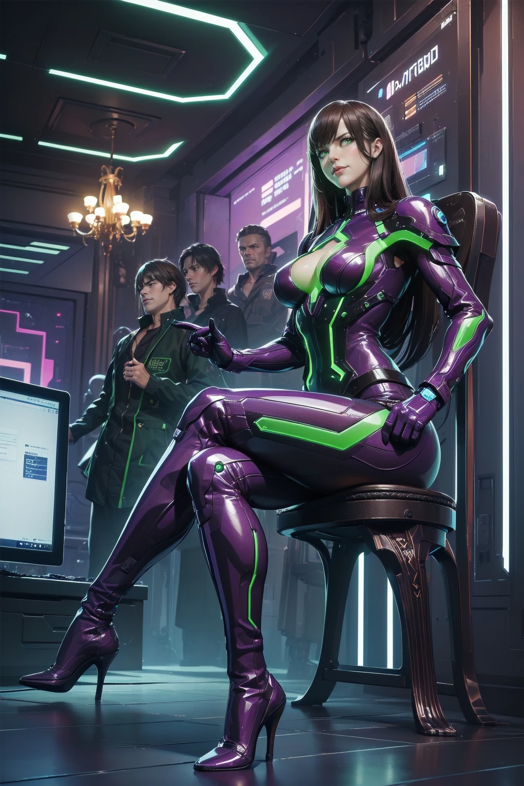 masterpiece, Best Quality, (Focus Only), (Perfect Face:1.1), (whole body), (high detail:1.1), (Ultra-detailed eyes), ((One girl, dramatic, Bright green eyes, Alone, Arrogant look)), ((Neon purple cyberpunk outfit, Mature Face, Face, Adult body, Green emerald eyes, Sexy adult eyes, Adult Eyes)), Art by Artgerm, Cinema Lighting, fashion, Small breasts, Highly detailed face, 大人Face, Very fine grain, ((Long eyelashes, Eyeliner, Frowning, Grin, Malicious smile, Sly Smile, Mouth closed, Fuller lips, Brown Hair, Straight Hair, Straight bangs, Shoulder-length hair, Hair cut to shoulder length, Medium Hair)), Purple clothes, Hourglass-shaped body, Small breasts, Small breasts, Big Hips, Thick thighs, Thick Ass, Pierced Ears, Ear piercing, Mature Expressions, Purple Neon Background, ((Fitness, , Shapely body, Athletic build, Toned body)), ((Forest in the background, Marble balcony, Sitting on the throne, Cross-legged座る, Cross-legged,  High heels, Mischievous, Red lipstick female hacker, Computer Lab, internet, Cyber World ))
