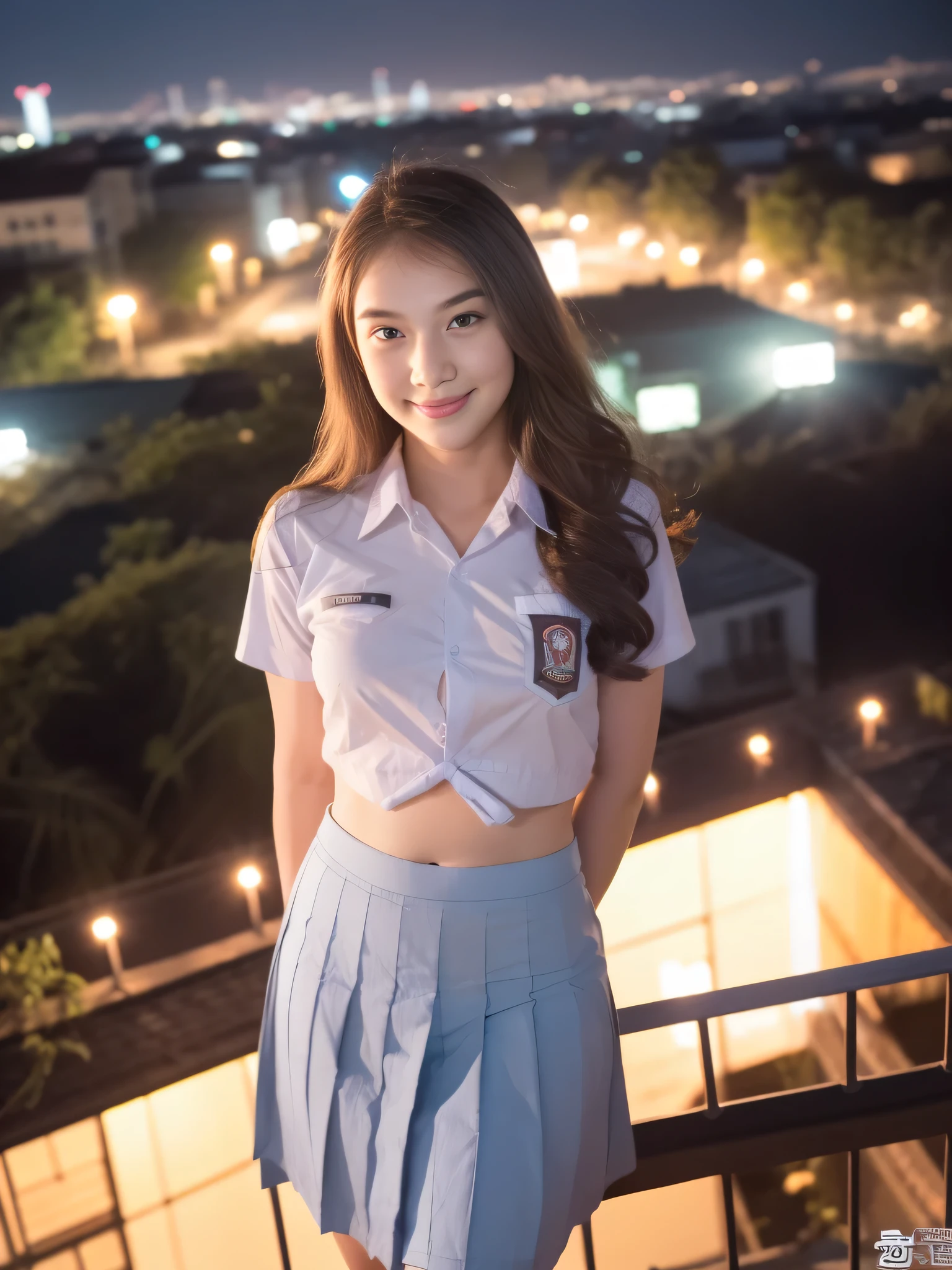 1girl, solo, 1 girl, (Indonesian_high_school_uniform), standing, outdoors, night view, detailed Metropolitan city at the background, (Overhead view:1.35), (zoom out: 1.1), detailed face, cute little smile, detailed eyes, thick large breasts, six pack abs, smooth realistic skin, semi-curvy body, white shirt, blue grey hot short skirt, looking at the audience, (8k, RAW photo, best quality, masterpiece: 1.3), (realistic, realistic: 1.37), ultra-high resolution