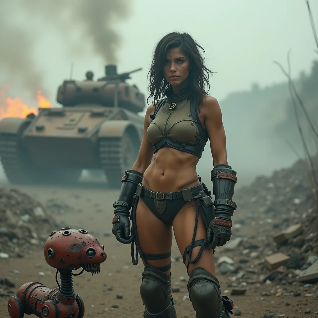 (post apocalyptic woman),(medium breast),wearing skimpy post apocalyptic clothes ,(destroyed city after nuclear blast),warzone, (post apocalyptic), looking down a hill, fangs , spicked necklance, pussy, sweat ,holding a gun, sitting on a dieselpunk car 
BREAK
(masterpiece, best quality, ultra realistic, 4k, 2k, (intricate, high detail:1.2), film photography, soft focus,
RAW photo, photorealistic, analog style, subsurface scattering, photorealism, absurd res), ((closeup))