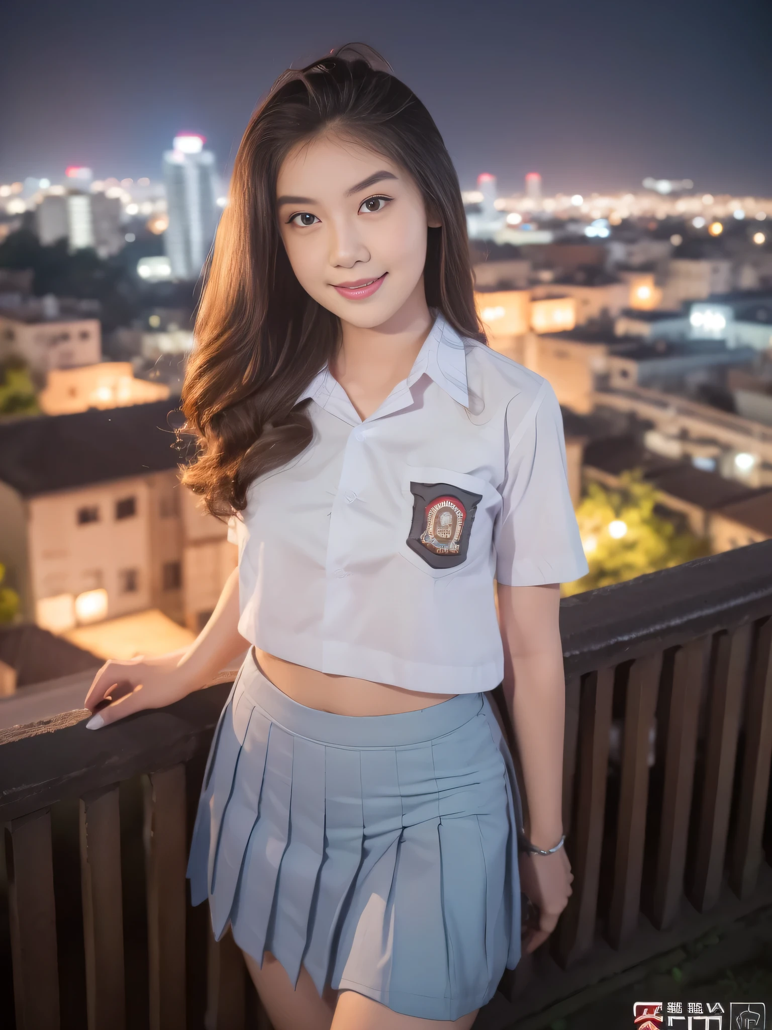 1girl, solo, 1 girl, (Indonesian_high_school_uniform), standing, outdoors, night view, detailed Metropolitan city at the background, (Overhead view:1.35), (zoom out: 1.1), detailed face, cute little smile, detailed eyes, thick large breasts, six pack abs, smooth realistic skin, semi-curvy body, white shirt, blue grey hot short skirt, looking at the audience, (8k, RAW photo, best quality, masterpiece: 1.3), (realistic, realistic: 1.37), ultra-high resolution