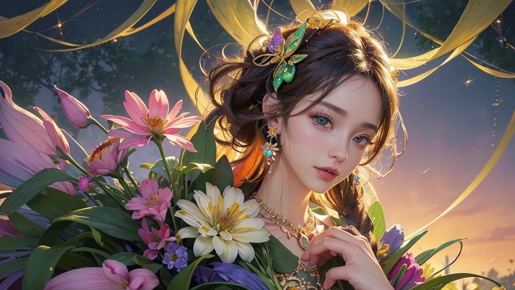 32K, 最高quality, 最高masterpiece, (ultra-Detailed Background, Detailed Background), High resolution, Super detailed, Very detailedな, One girl, (bouquet:1.3), (Tangled:1.2), (Geometric:1.2),(colorful),(masterpiece, quality, best quality, Official Art, Beautiful and beautiful:1.2), (1 girl:1.3), Very detailed,(colorful:1.1)(Flowers:1.3),Most detailed,(Tangled:1.2), whole body, (Abstract background:1.3), (Skin glows), (Many colors:1.4), ,(Earrings Jewelry:1.5), Light green background,