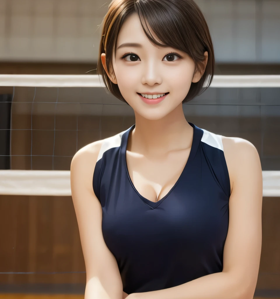 Best Quality、、Ultra-high resolution、masterpiece、Clear Photo、Professional Lighting、smile、(Very cute girl、beautiful girl、The cutest Yoda Yuki)、baby face、Small Face、(Large erect nipples、I can see her cleavage)、Ultra slim、Slender body、Narrow waist、Beautiful legs、(Volleyball Player)、(sitting on a volleyball court、Sit in front of the camera、Legs wide open:1.2、Show me your crotch)、(Very short hair:1.6)、Brown Hair