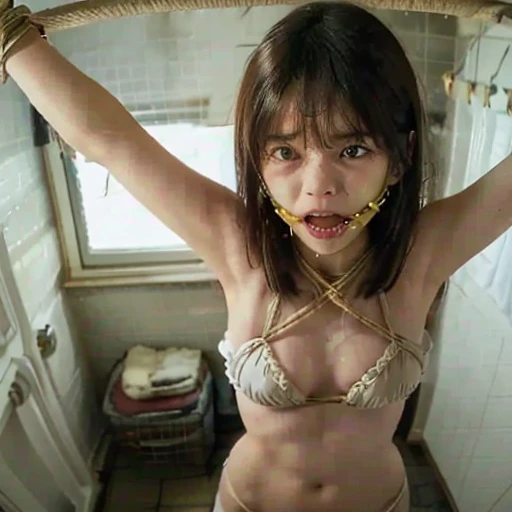 full body, bird's eye view,very cute japanese woman,Hanging from the ceiling with arms tied,open_mouth,large tears,crying,anger,shouting,bondage,shibari,bound,Clothing,tied up,rope,tape gagged,4K, 8K, (Masterpiece, best quality:1.2), perfect face,20years old,in dark changing room,flat chest,thin girl,skinny girl,slim girl,standingspreadeagle