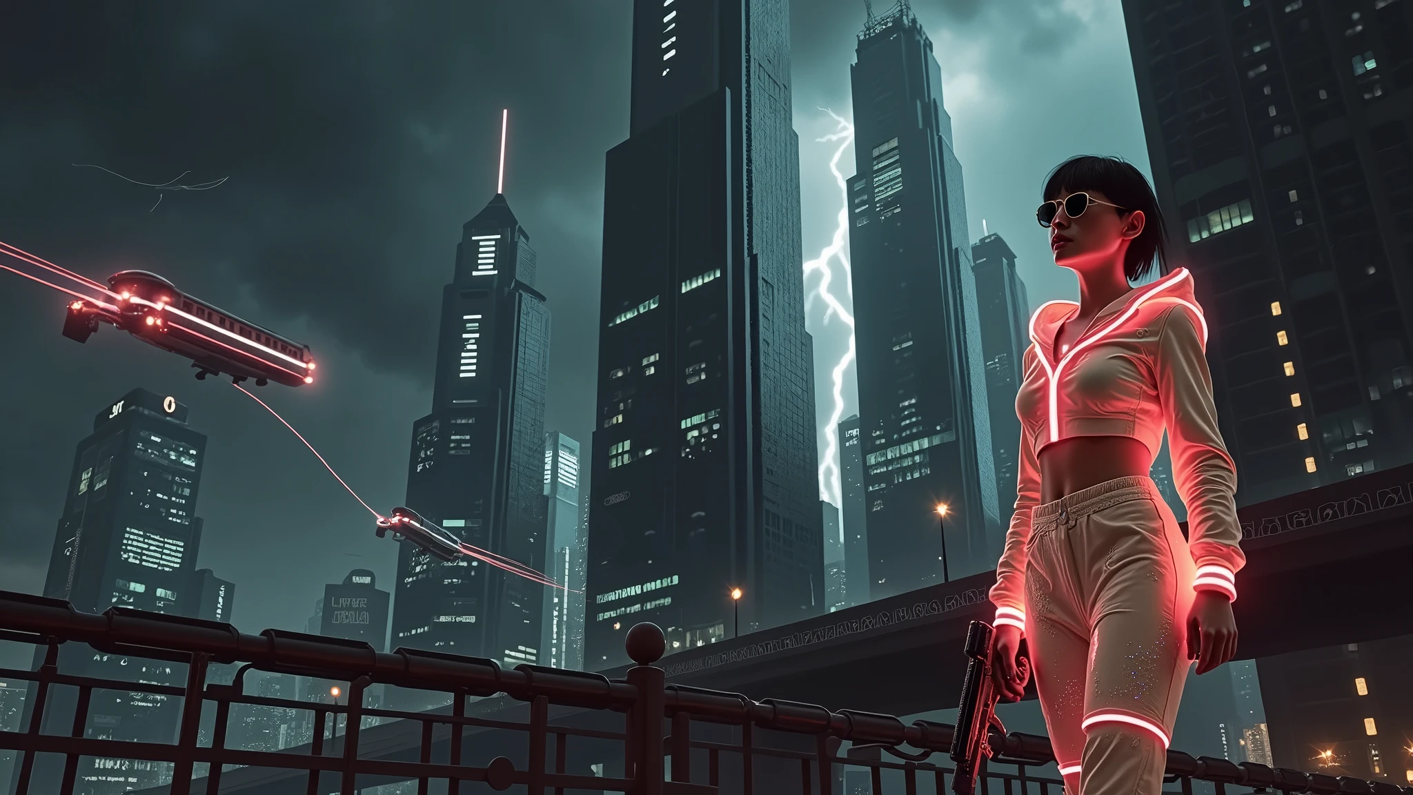 (High view). There's a cyborg woman (8k) wearing a futuristic leotard (best quality) standing in a cyberpunk city alley at night, darksynth aesthetic, red neons, haze, 1drone, foggy night, ultra detailed, photorealistic, (1girl, solo, alone), large-breast:1.2 slim body, cleavage:1.1, (black sunglasses), (holding a pistol), half-body thigh level medium shot, cinematic lighting, ray tracing.
