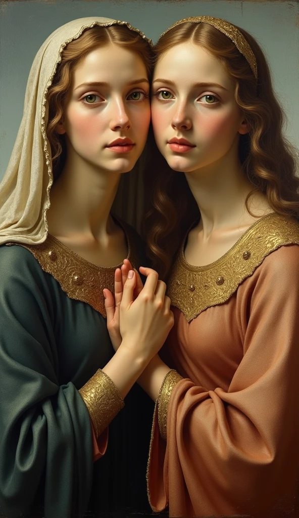 Two 12 year old high school girls,together,very long hair like rapunzel, flower crown on head,princess face,innocent,tender,totally naked without clothes ,erect nipples,big breasts, thin waist, long and shapely legs, bracelets on the wrists, whole body, barefoot,posing in nunnery in the background three elderly women monks with cassock,ultra high definition, realist, vivid colors, muy detailed, UHD drawing, Pen and ink, perfect composition, beautiful, detailed, intricate, increíblemente detailed, octane rendering, trend on Artstation, 8k art photography, photorealist concept art, Soft natural volumetric cinematic perfect light