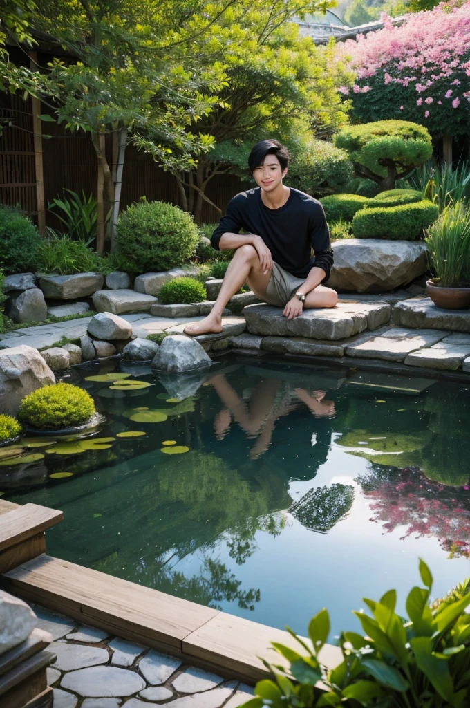 Hamunan ji A boy is lying with his head in my lap and there is a garden in the background and water is flowing and the sun is rising