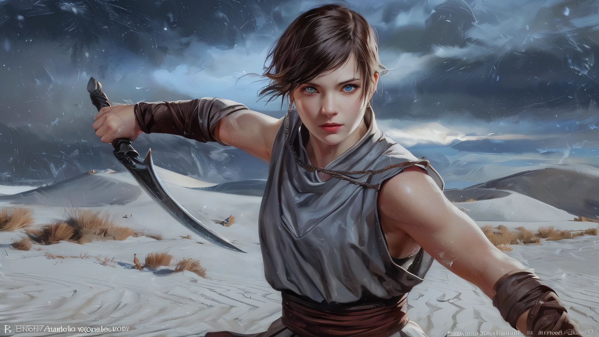 Cute blueyed D&D monk with sickle, semi-realistic painted Fantasy art, 1female, snow desert, Render masterpiece of a fantasy landscape, D&D style, far away, Fantasy snow valley, storm, snow dunes, fantasy female sexy monk wields 1 sickle, (European solo woman battle monk in minimalistic opened clothes), short haired, shorthaired brunette female D&D monk with sickle, Minimalist monk Outfit, woman standing in a battle stance with sickle in hand, Dungeons and dragons style, beautiful, gorgeous look, front view, monk clothes, amazing picture, artistic, painting, fantasy desert, HD, best quality, (best quality, 4k, 8k, highres, masterpiece:1.2), fan art, artistic picture, amazing art style, (high angle), ultra-detailed, d & d character portrait, rpg character art, fantasy character art, epic digital art illustration, fantasy character portrait, dnd character art portrait