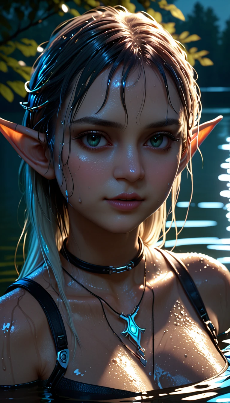 beautiful female elf，Beautiful，moonlight，lake water，wet，transparent，Real light and shadow contrast，Realistic ray tracing，True light falloff，anti-aesthetic style，cyberpunk ，Snapshot aesthetic style 