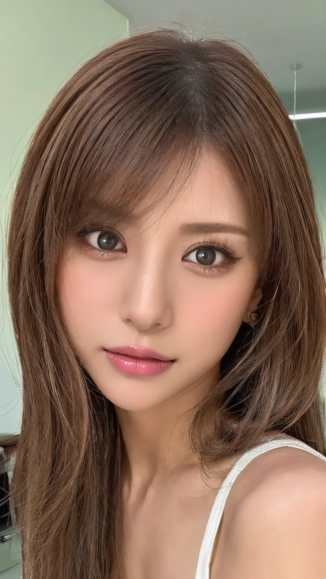 Selfie:1.5、Upper body image、Ultra HD、Very detailedな、Very detailed、とてもRealistic、Realistic、Japanese、One Girl、High Head Rate、Beautiful realistic face、Realistic face in every detail、Attention to detail, Realistic Hair、Beautiful and realistic hairstyles、Beautiful and realistic eyes、hVery detailed realistic eyes、Proportional eyes、HVery detailed pupils、Very detailedリアルな自然な眉毛、Very detailedリアルな唇、 Beautiful and realistic lips、Pink lipstick、Sexy lips、Realistic and well-proportioned breasts、Realistic medium sized breasts、Slim Abs、Very detailed皮膚、Ultra-high resolution,8k,Realistic、 Perfect Sentence, Detailed lighting, Dramatic Shadows, Ray Tracing, 1 girl, Looking at the camera、40 years old、Tight white sexy camisole、In a luxurious room