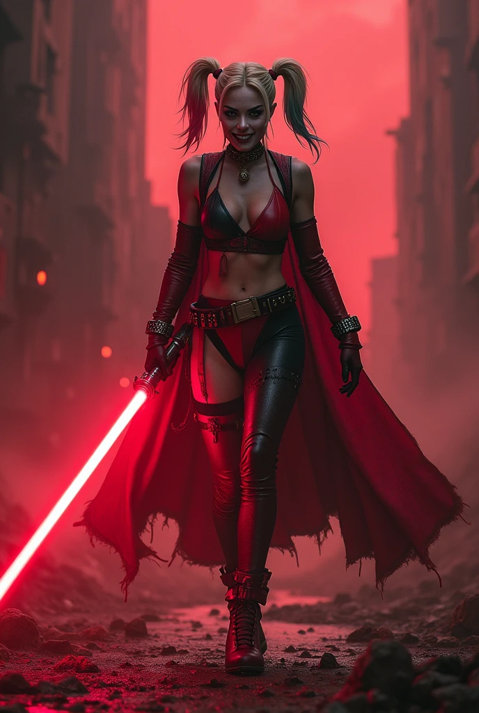 sith red bikini,dark smile,wet,rainy,sparks,particles,cyberpunk,high quality, 8k, photorealistic, detailed face, perfect skin, beautiful eyes, dramatic lighting, neon glow, moody atmosphere, intricate background details, ultra-detailed