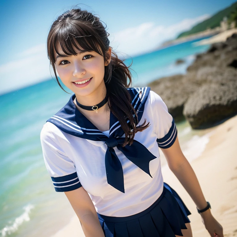 8K、RAW Photos、Highest quality、Japanese Model、Young and sexy gravure idol、Young and cute gravure idol、リアルなYoung Gravure Idol、Real fleshy gravure idol、Young Gravure Idol、A sophisticated gravure idol、Young and skinny gravure idol、The most beautiful Asian girls of all time、Sailor suit、mini skirt、Beach,Blur the background