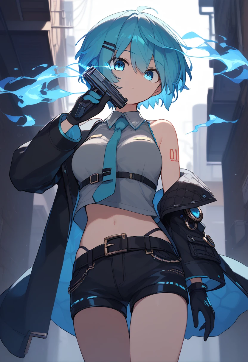 (uncensored), score_9, score_8_up, score_7_up,source_anime, high quality, exceptional, best quality, perfect hand, 1 girl, (solo), look at viewer, detailed face, detailed eyes, ((her right eye is glowing, blue fire)), (((short hair))), (dark), ((grey crop top)), ((black g-string panties)) , (middle size breasts), ((designed black jacket)), (((short pants))), ((leather gloves, having hand gun)), ((standing in back alley)), hatsune miku, no hair clip, thin light blue hair, blue eyes visible through hair, glowing eye, (steampunk)