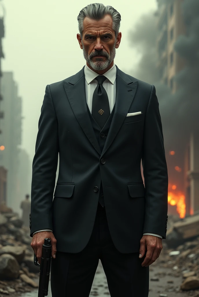 70 year old man, Colm Feore, wearing three piece dark grey suit and red tie, shirt with high collar, arrogant look, one eyebrow raised in disapproval, walking through ruined town, sunrise, fires burning, smoke