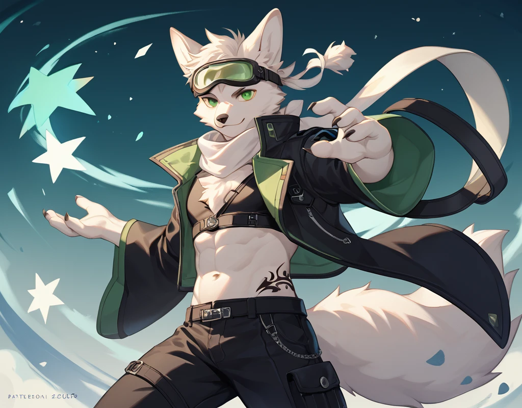 l0lspl4sh,score_9,score_6_up,score_8_up,score_7_up,score_5_up,score_4_up, anime,furry male,solo,year2024,year2023,West Studio,(project:1.5),white fox,white fur,white skin,white ears,tail,green eyes,star-shaped_pupils, black tattoo left only, [white scarf],green loating_jacket,long sleeves,wide sleeves,(black midriff:1.3),goggles,black_pants,pants_strap,looking_at_viewer,fighting_stance, full shot,