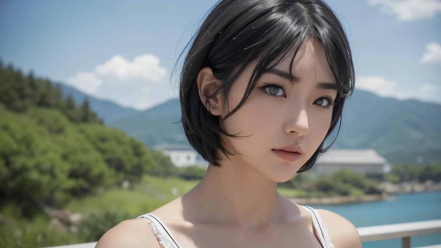 Mai Sakurajima, Blown by the long wind [Blue-Black:.3] hair,Looking at the audience, (masterpiece:1.3), (8k, Realistic, RAW Photos, Best Quality: 1.4), Japanese, (1 girl), Beautiful Face, (Realistic face), (black hair, short hair:1.3), beautiful hairstyle, Realistic eyes, Fine and beautiful eyes, (Realistic skin), Beautiful Skin, charm, Ultra-high resolution, Surreal, Very detailed, Golden Ratio,