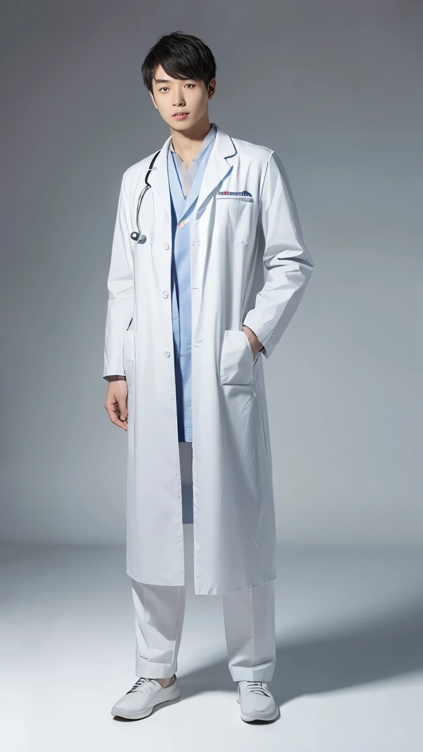 (full-body shot:1.4)，(full_body:1.4),Chinese，Male doctor,A doctor&#39;s stethoscope is hung around his neck.，Wearing a white coat，highres，masterpirce，ultra-detailed，best quality