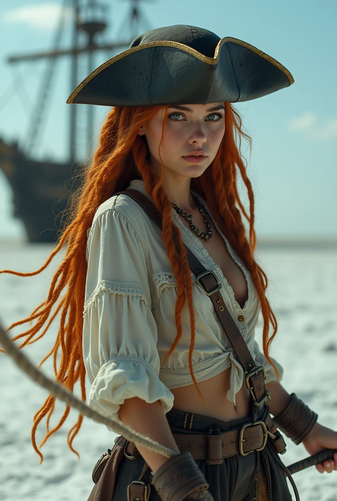 masterpiece, ultra detailed, 8K, Raw photo, Realistic light, Cinematic composition, skyscape with clouds, pirate cute woman, ginger windblown hair, backlighting, soft, dramatic lighting, in the harbor, 1850s, cinematic sea and sailboat, detailed face with scratches, cute sexy, Jolly Roger tattoo, amazing shadows, (highly detailed background: 1.0)