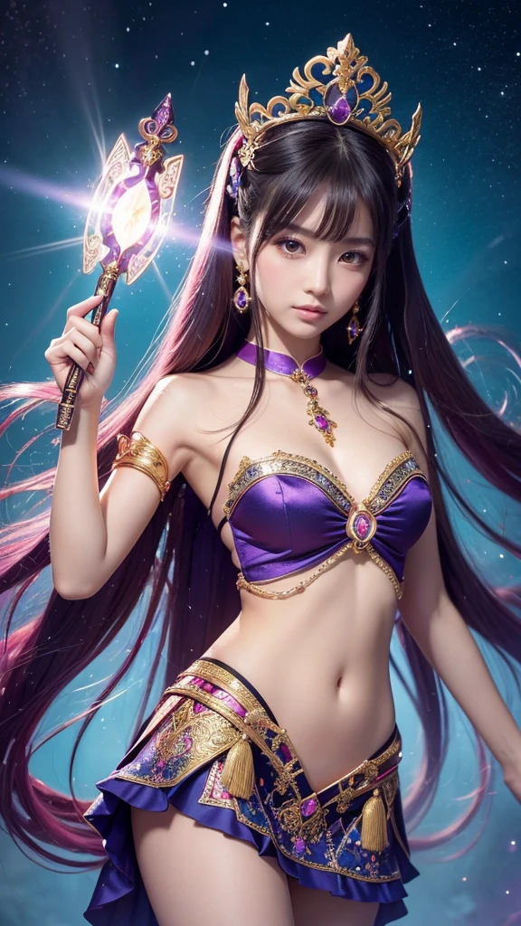 A beautiful goddess inspired by amethyst. Her dress and accessories all radiate the brilliance of amethyst, enveloped in a purple aura. She exudes a mystical and graceful presence, with a background that harmonizes with nature.
