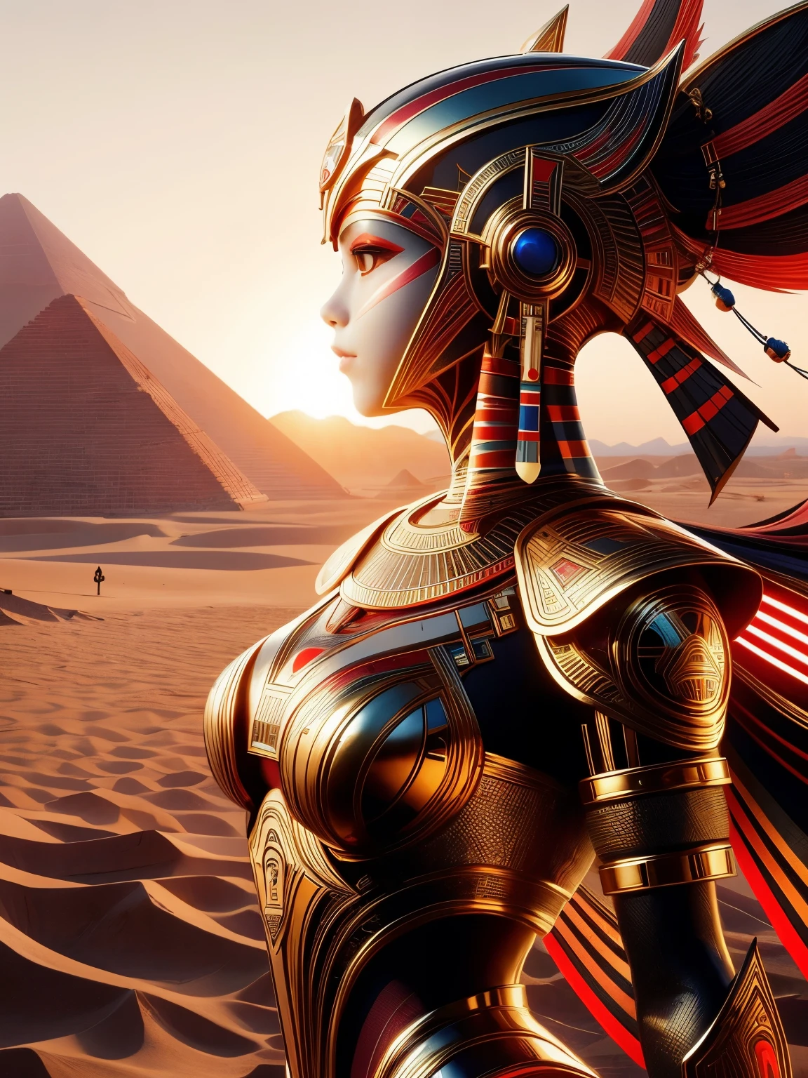 (High quality), (masterpiece), (detailed), 8K, Hyper-realistic illustration captures a (Japanese warrior girl1.2) with a determined expression, blending (modern attire1.3) and (Egyptian fantasy elements1.3). Her (cybernetic armor1.3) is adorned with (glowing hieroglyphics1.3), while a (high-tech staff1.3) rests at her side. (Tattooed Egyptian symbols1.2) on her (upper body1.3) suggest ancient knowledge. (Futuristic desert landscape1.2) with (pyramids1.3) in the background adds to the (dystopian vibe1.3).