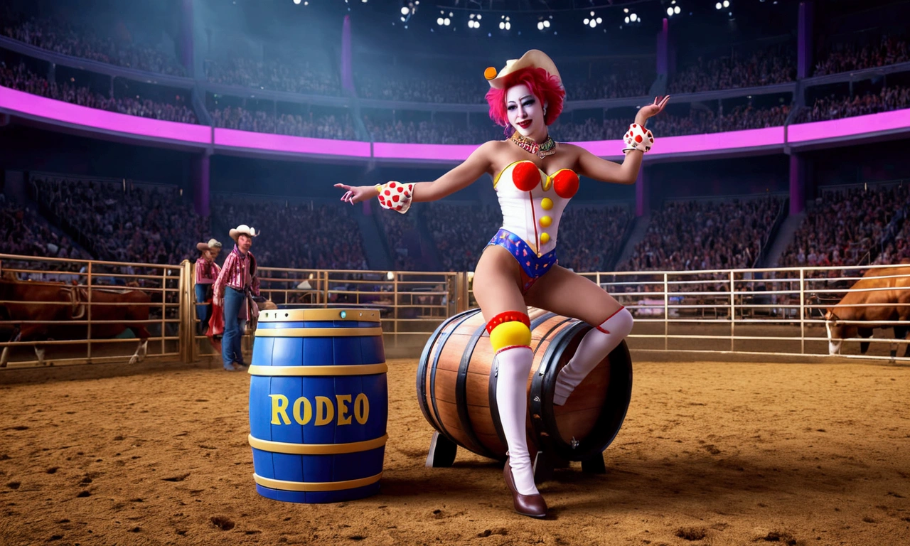 Emma Watson naked, she is in the audience of a rodeo, she's wearing cowboy boots, she's holding a platter of food like a waitress, she's in the stands, she's surrounded by people closely