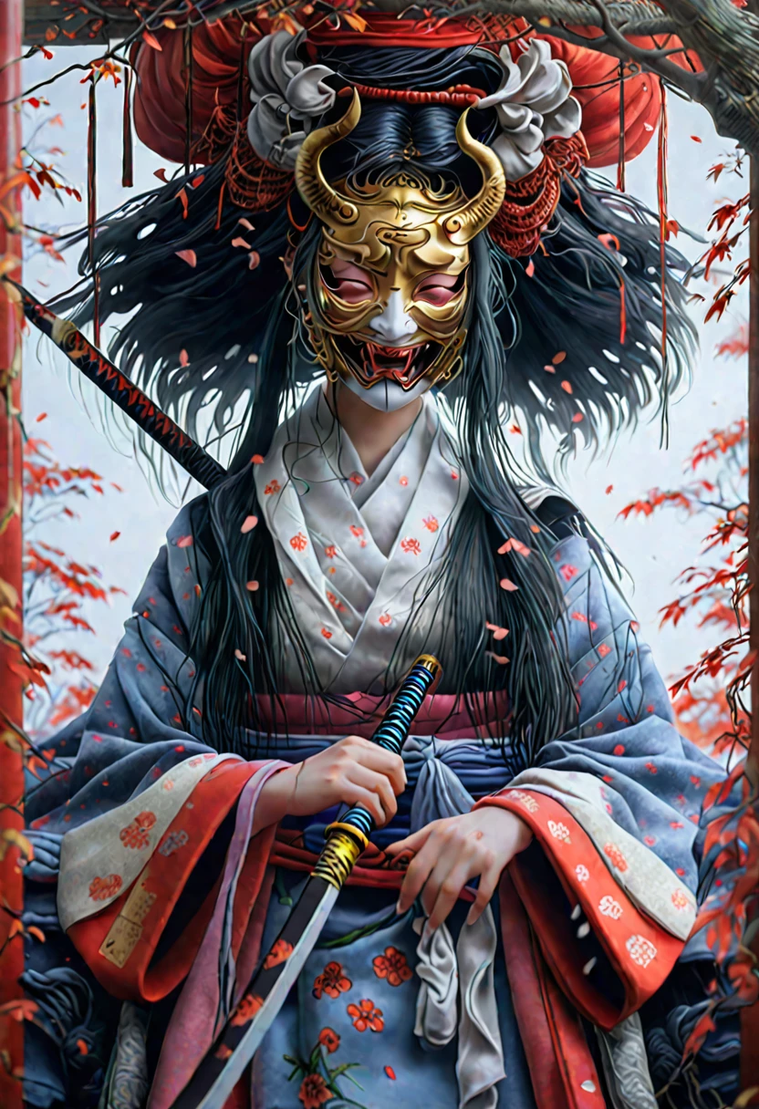 Photorealistic, High resolution, 1 Girl, Korean, Eyes with heterochromia, Small mole under eye,Wounded Geisha wearing half Japanese demon mask holding a katana