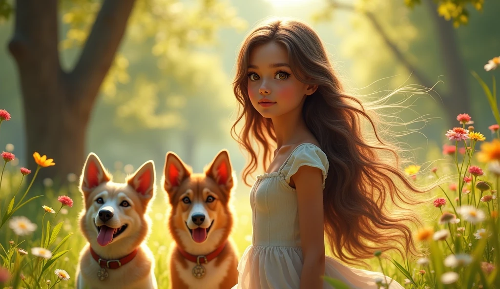 a girl walking with two dogs in the morning, detailed facial features, beautiful eyes and lips, long eyelashes, flowing hair, colorful and vibrant nature scene, lush greenery, sunlight filtering through the trees, detailed textures, photorealistic, highly detailed, 8k, HDR, studio lighting, professional, vivid colors, warm color tones