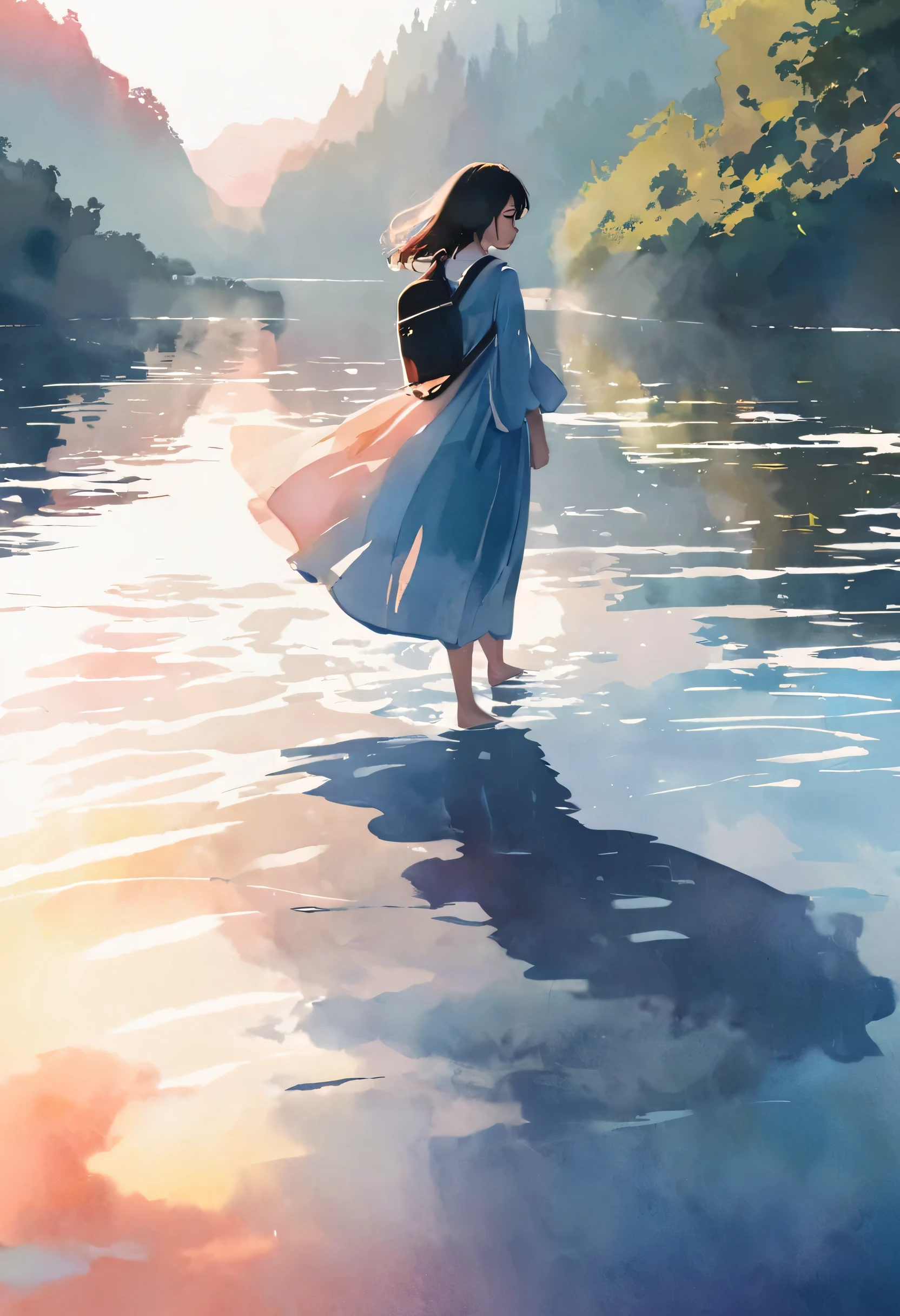 (Watercolor style, Spectrum Art) + Majestic River、パノラマViewが広がる + Costume bag (View) + (flow + Subtle reflection) + (blend + Scattered) + (Light and shadow are clear + Swaying Dynamic), Beautiful profile、