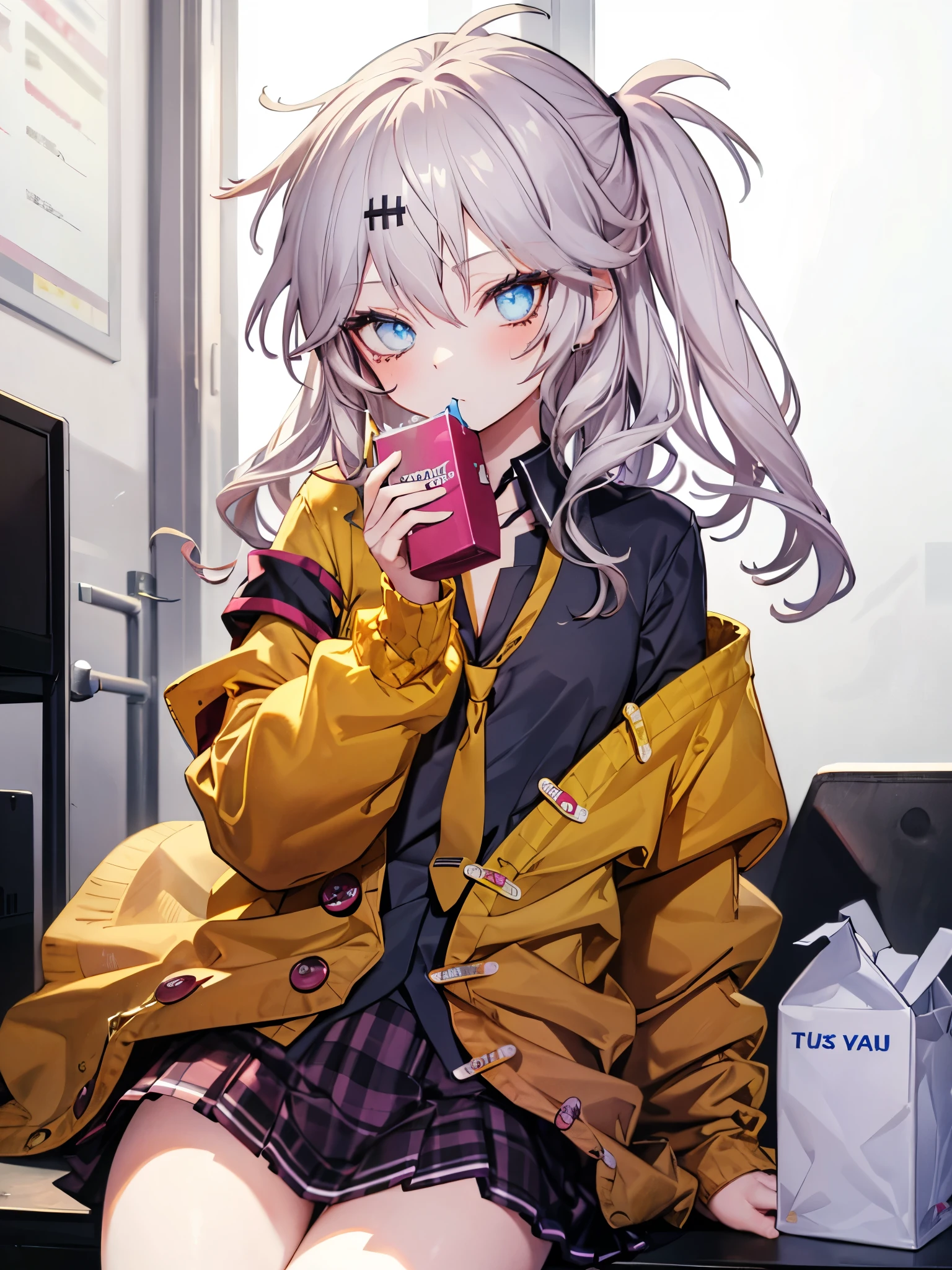 masterpiece, Best Quality, Perfect Face, Highest Resolution, Best Quality,Detailed depiction of the eyes, 8k, kasukabe tsumugi, One Girl, Black shirt, Yellow tie, Yellow cardigan, Loose socks, plaid skirt, Drinking juice from a paper carton