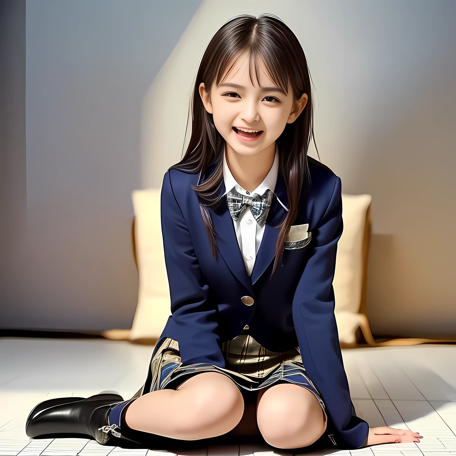 (Highest quality, masterpiece:1.2), Highest quality, High resolution, 1080P, 8k, 158cm, (A noble, graceful and **** Japanese young long straight hair fashion model lying on a white floor is laughing at me, look at me with intense pity: 1.5), (Everyone says she is the most beautiful girl in Japan: 2.0), (drooping, double-eyelids, brown wet cutely smiling large eyes with detailed, long bottom eyelashes, like **** most beautiful fashion model in Japan: 1.5), (Navy colored school blazer, Blue colored pleated school tartan checkered skirt: 1.5), (Plain blue school ribbon on the breast), (Nothing background except completely white wall: 1.7), (Girl whom everyone loves because of her beauty and lovely fashion and noble manner and magic-charm of succubus: 1.8), (Very beautiful, neat, super-long straight black hair like a hair model, with a pair-pin: 1.3), (Drives me crazy for their neat tartan checkered blue skirts and make me fall into her tartan checkered skirt: 1.8), 