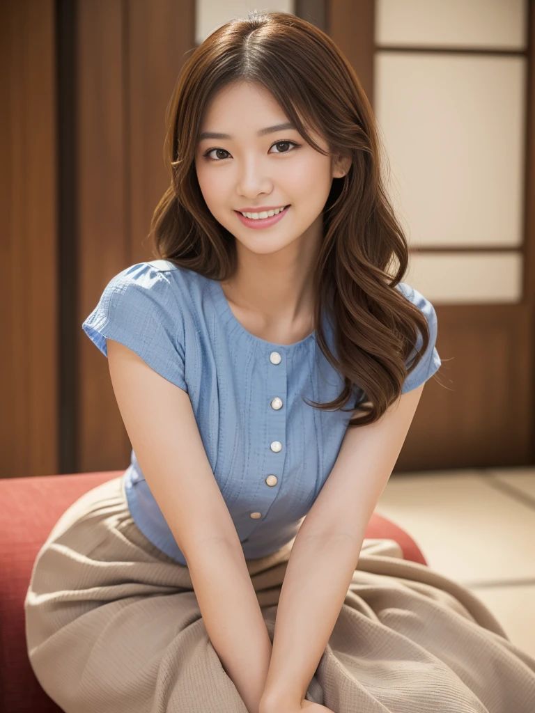 20th generation、office lady、Hair Bun、Brown Hair、Frilled blouse、Bust D cup、smile、Lift up your shirt、shirt lift