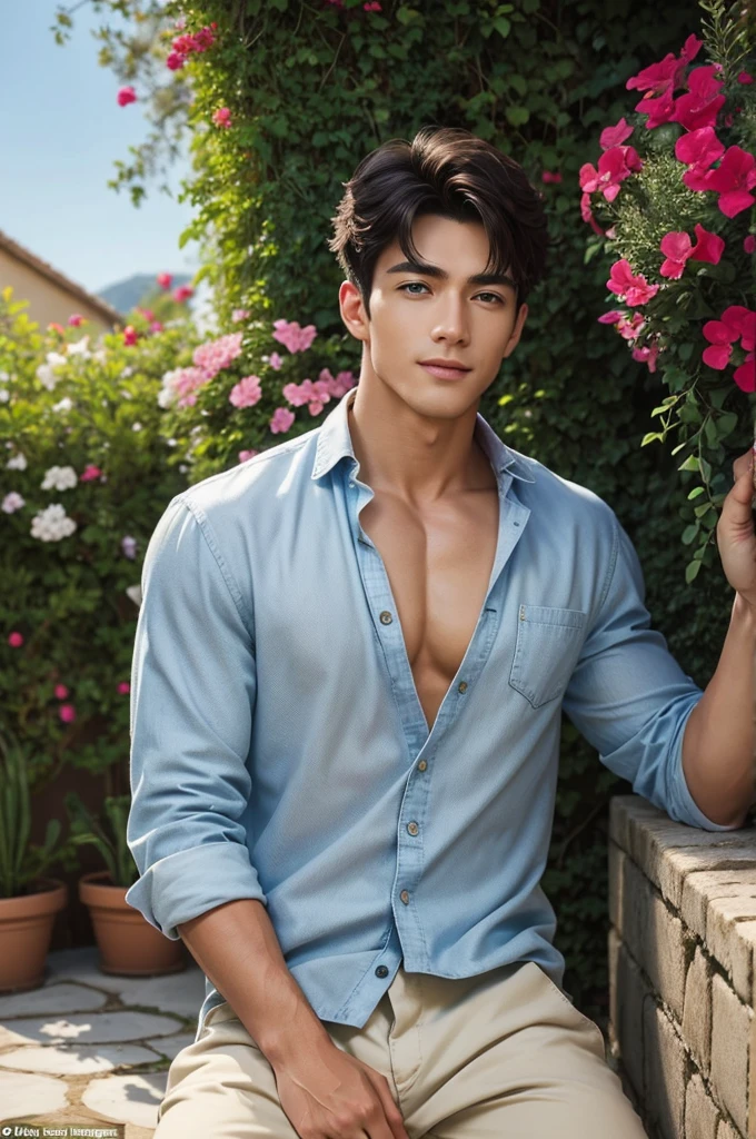 A ruggedly handsome man with sun-kissed skin and a muscular physique lounges in a Mediterranean garden, surrounded by olive trees and blooming lavender bushes. His unbuttoned linen shirt reveals his toned abs and chest give him a relaxed, carefree vibe as he sits on a stone bench, looking at the viewers. His chiseled jawline and easy smile give him an air of both rugged charm and down-to-earth sensuality, and his deep blue eyes stand out against the backdrop of bright bougainvillea and terra cotta pots filled with herbs. The sun casts a warm glow on the cobbled garden paths, while the sound of birds chirping and the scent of rosemary and citrus fill the air. He leans back, his gaze thoughtful, as he absorbs the beauty of the peaceful retreat.