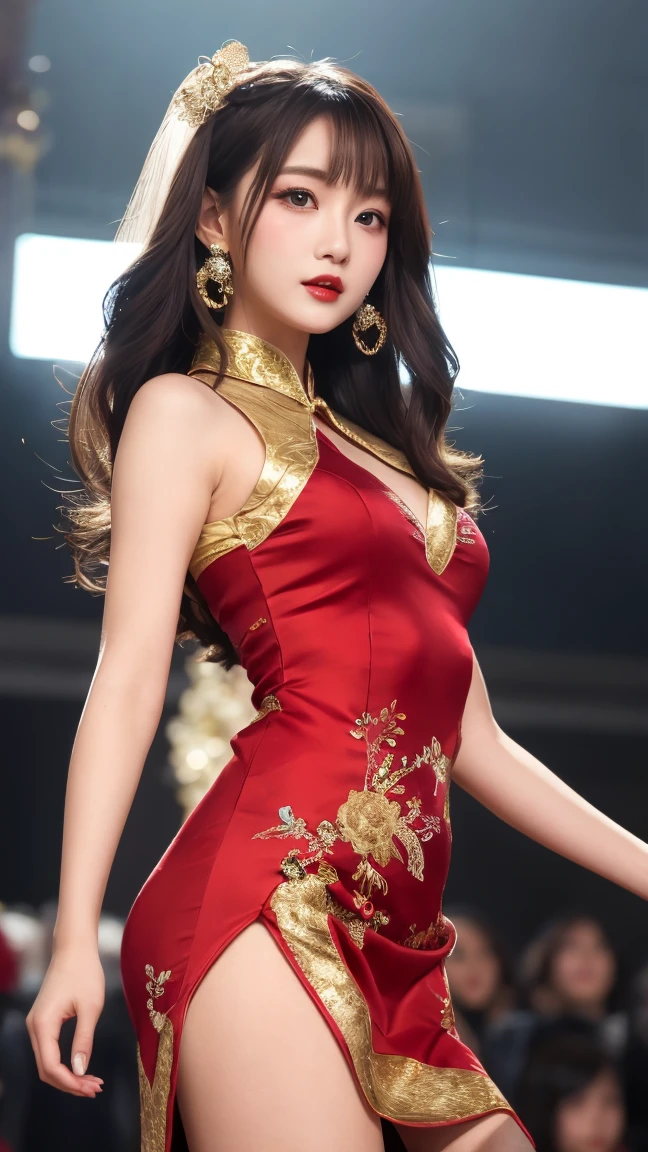 highres,absurdres,masterpiece,best quality,original,extremely detailed CG,extremely detailed wallpaper,perfect lighting,standing on the stage,looking at viewer,1girl,blurry background,bare hands, long hair, blue Eyes, big breasts.
Red china dress,