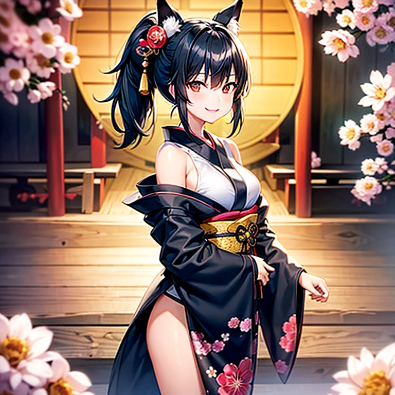 masterpiece, high resolution, high quality, shop, daytime, purple kimono, big breasts, cat ears, floral, red eyes, NSFW, black hair, ponytail