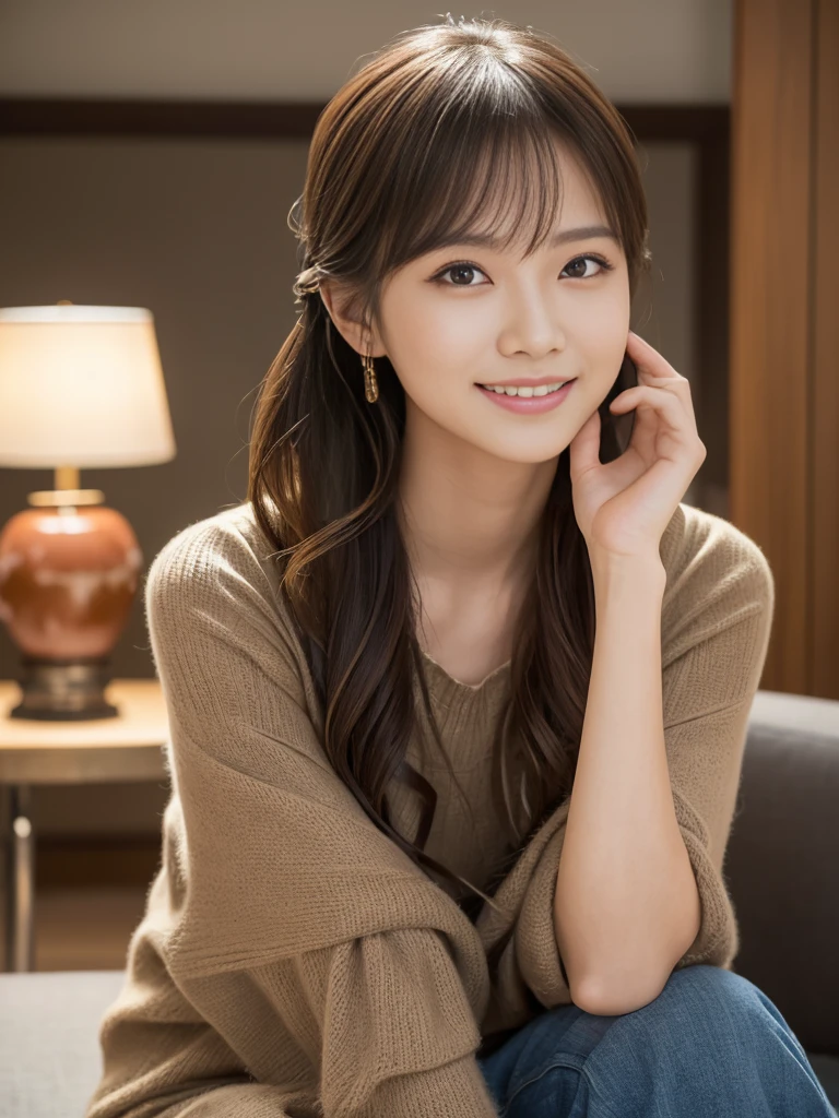 (A GIRL: 1.6), (lora:russianDoll:0.4), (lora:TaiwanDoll:0.4), (best quality, 8k, masterpiece: 1.3), focus 1.2, perfect body beauty: 1.4, highly detailed face and skin texture, delicate eyes, double eyelids, whitened skin, long hair split edges, (round face: 1.4), looking at the audience, leaking teeth and laughing, sitting next to the audience, window, (Full body: 1.1), home, sofa, lamp, tea cup, TV, coffee table, flowers, (warm color: 1.5), (dim light: 1.2)