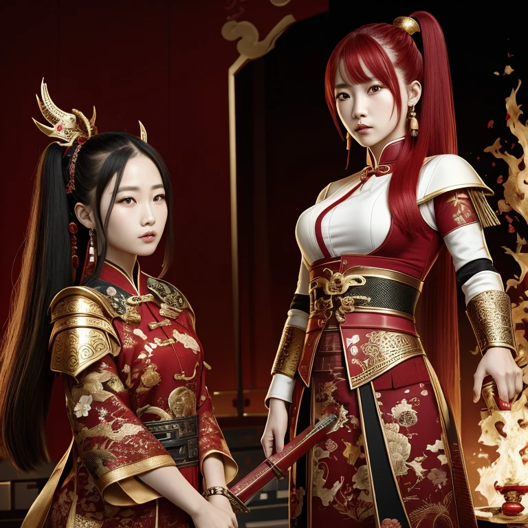 Three-dimensional image of a fantasy Chinese warrior girl. White and red warrior shirt with floral decoration. Red haired, wearing red earrings. green eyes. fair skin. Holding a Fire Sword. Behind the woman is a black dragon, Pi mathematic symbol golden color in purple circle at the back.