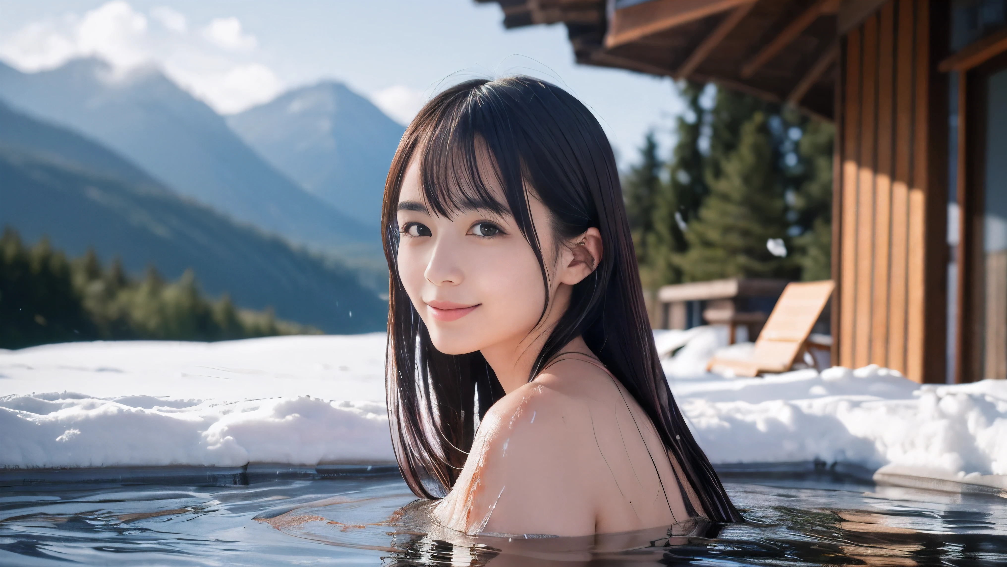 (Face shot of a naked slender small breasts dark silver long hair with swept bangs girl:1.5)、(Naked girl is soaking and looking back in a Japanese onsen outdoors with a shy smile:1.5)、(Outdoor Japanese onsen has much white steam mist and  snow landscape:1.5)、(blurred background:1.5)、(Natural light:1.5)、(8k ultra detailed master piece:1.5)、(perfect anatomy:1.5)、(Photorealistic stick:1.5)、(Raw photo:1.3)、(highest quality:1.5)、(High resolution:1.3)、(Delicate and beautiful perfect face:1.3)、(Delicate and beautiful eye air skin:1.3)、(Real Human Skin:1.3)、((thin legs))