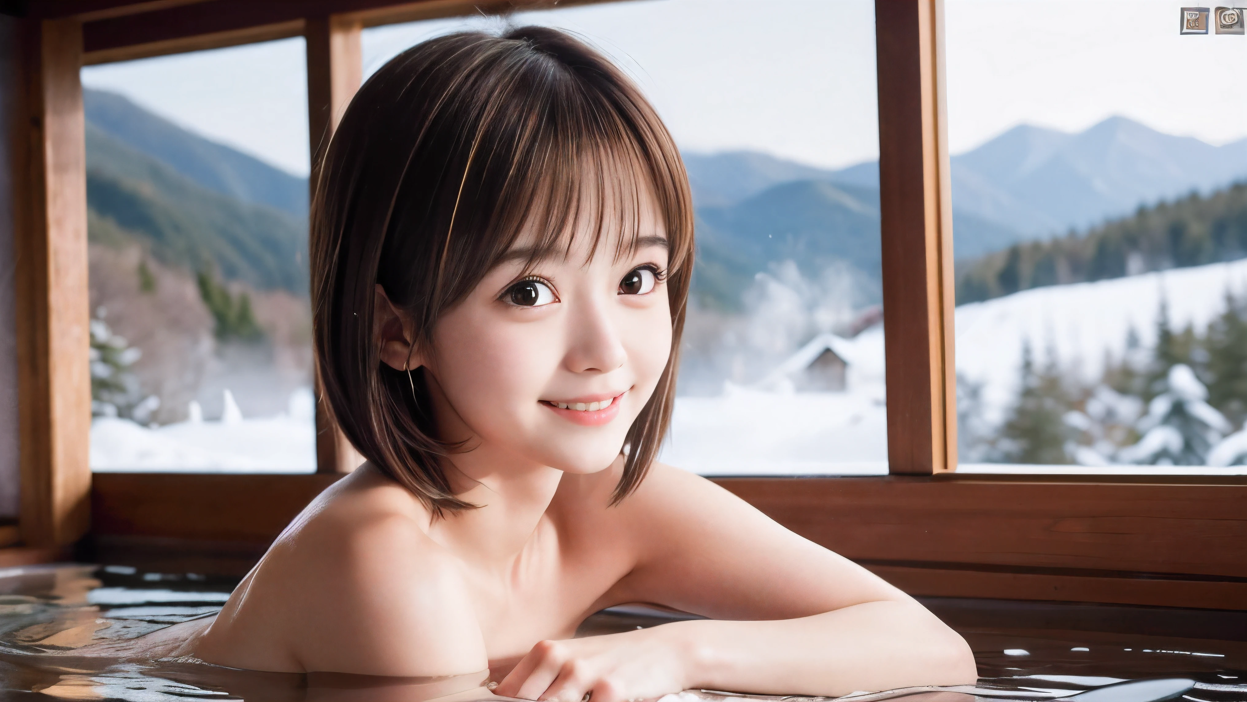 (Face shot of a naked slender small breasts round face brown short hair with bangs girl:1.5)、(Naked girl is soaking in a Japanese onsen outdoors with a shy smile:1.5)、(Outdoor Japanese onsen has much white steam mist and  snow landscape:1.5)、(blurred background:1.5)、(Natural light:1.5)、(8k ultra detailed master piece:1.5)、(perfect anatomy:1.5)、(Photorealistic stick:1.5)、(Raw photo:1.3)、(highest quality:1.5)、(High resolution:1.3)、(Delicate and beautiful perfect face:1.3)、(Delicate and beautiful eye air skin:1.3)、(Real Human Skin:1.3)、((thin legs))