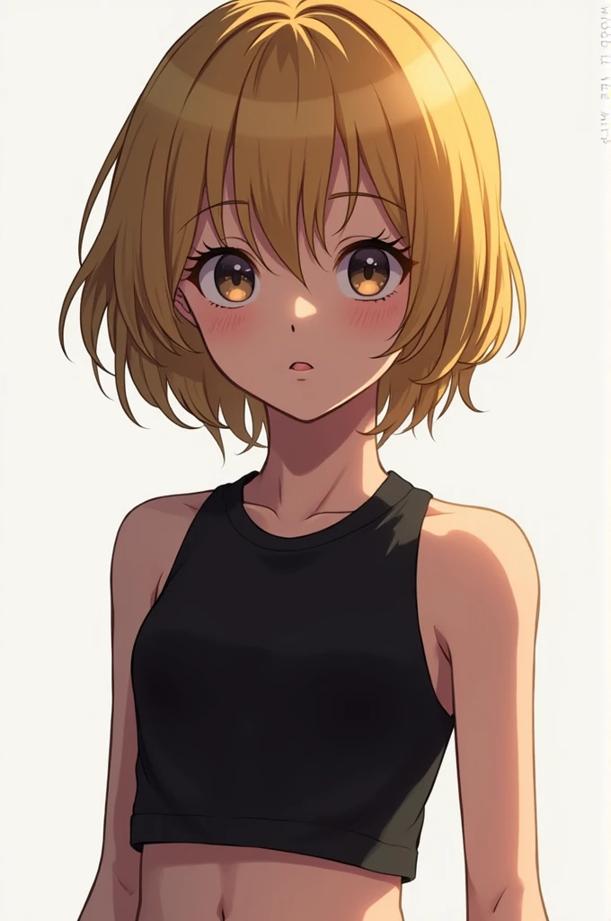 Profile of a cheerful blonde short-haired girl, side boob exposed