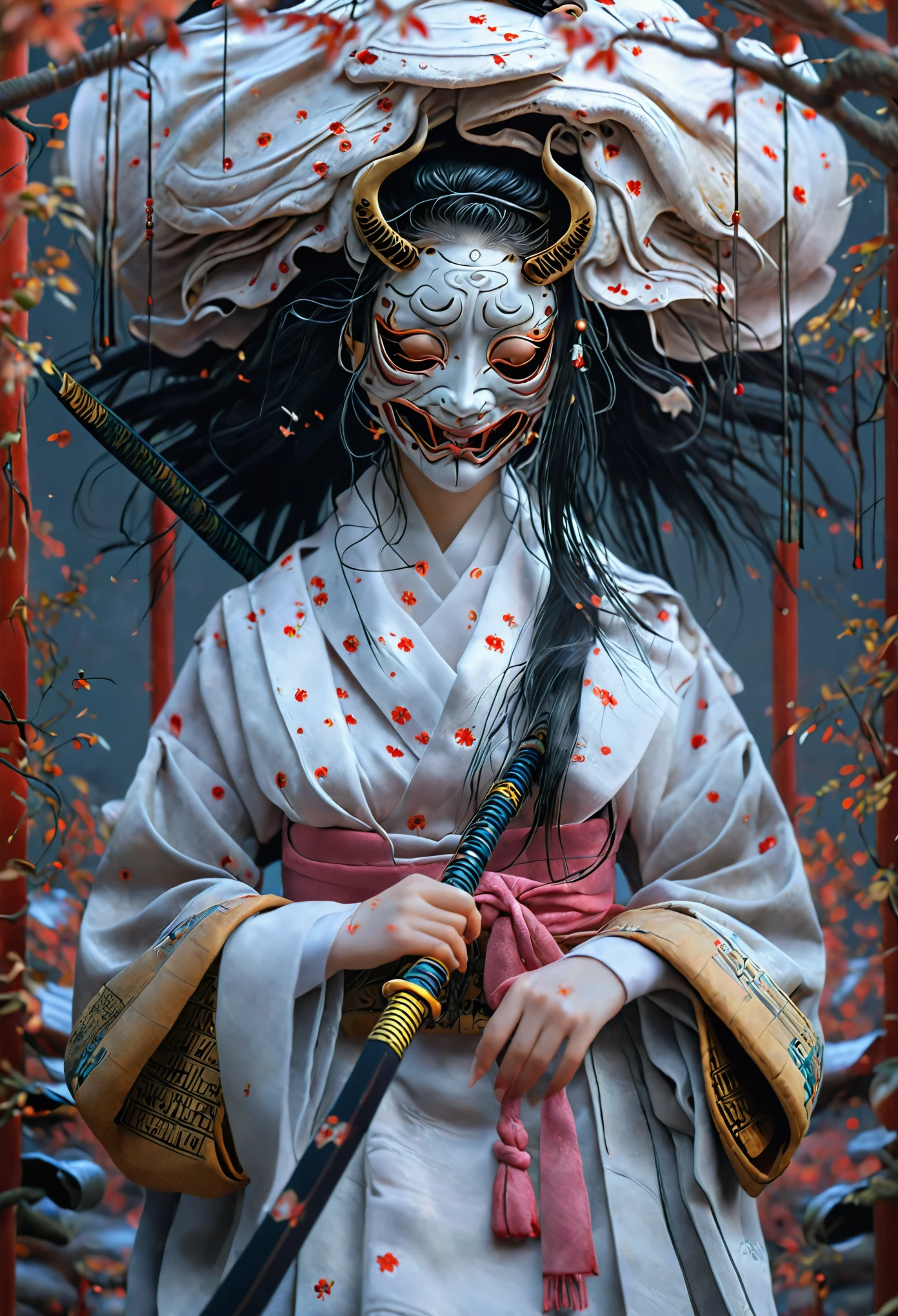 Photorealistic, High resolution, 1 Girl, Korean, Eyes with heterochromia, Small mole under eye,Wounded Geisha wearing half Japanese demon mask holding a katana