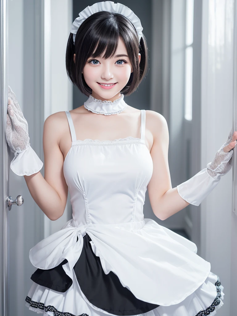 (8k, Realistic, RAW Photos, Highest quality: 1.4),Japanese idol-style beautiful girl,model,1 person,18-year-old,(Short Bob),(Black Hair),tiara,She has her hair tucked behind her ear,Transparent grey eyes,Long eyelashes,eyeliner,eyeliner,(Earrings(small)),cheek(Beige brown),(Lip gloss),lips(Plump,Shiny),透明感のあるwhiteさとキメの細かい肌,thin long neck,Thin and delicate shoulders,(Lace gloves(white)),(Wedding Bouquet),(Wedding dress(Frills,Plumpしたロングスカート :1.1)),(layer),(Fishnet tights(white)),(High heels(white)),(Background of a Gothic stone church with stained glass windows),Smiling for the camera,Full body portrait