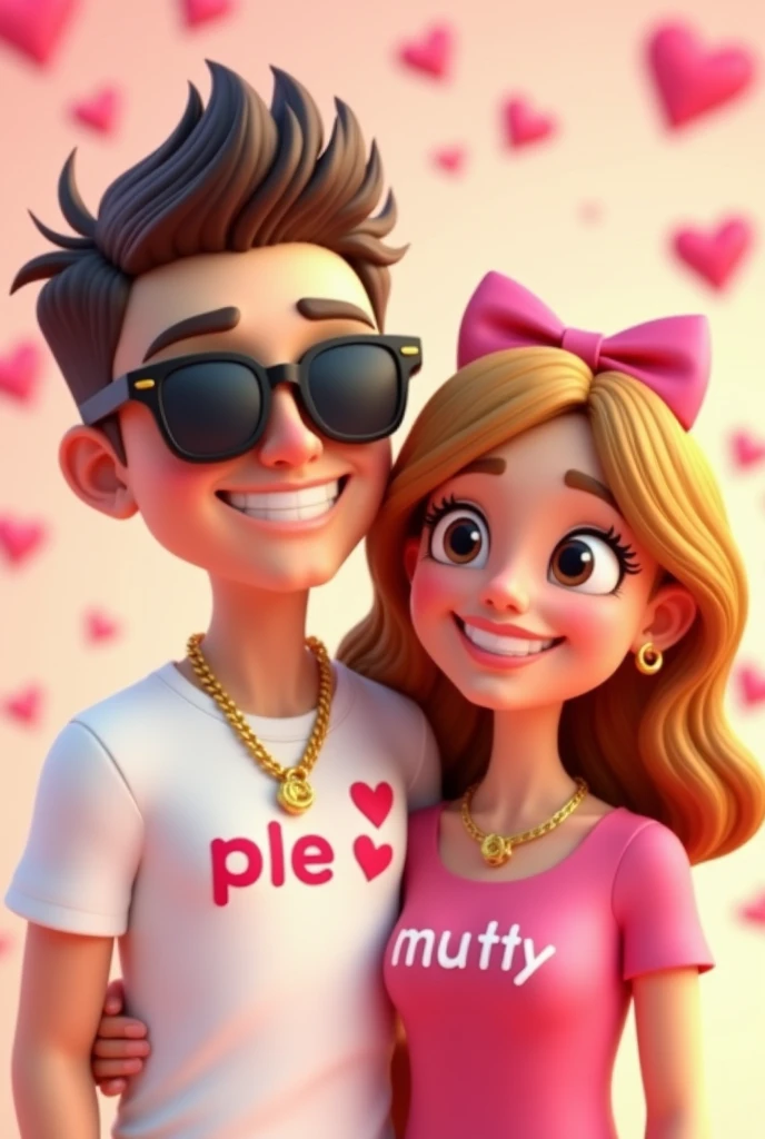 A couple from Disney and Pixar,the.Two are sitting, the groom is wearing a black cap and a black shirt with some letters that say Nea in the middle and are red and the bride is wearing a white bodysuit with a closure in the middle of the chest and she has her hair loose.,He has a mole above his lip and has a two-line tattoo on his arm below the elbow.
