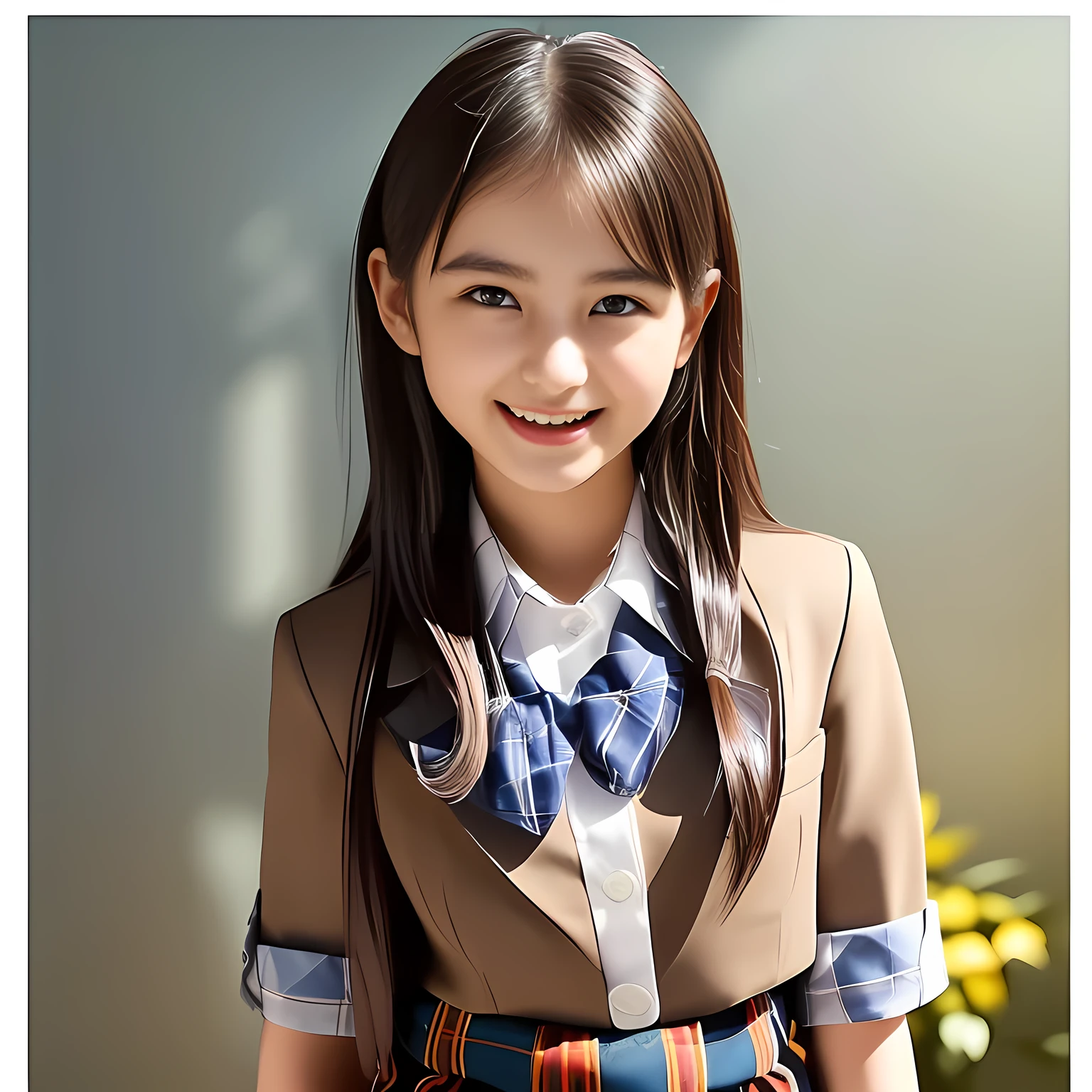 Fashion photography of children, school uniform and skirt, strong sense of design, medium shot, 8--old l, little rom Hong Kong, long hair, hair accessories, delicate skin, happy laughing, simple background, high texture, glare backlight, photography Shed Professional Lighting